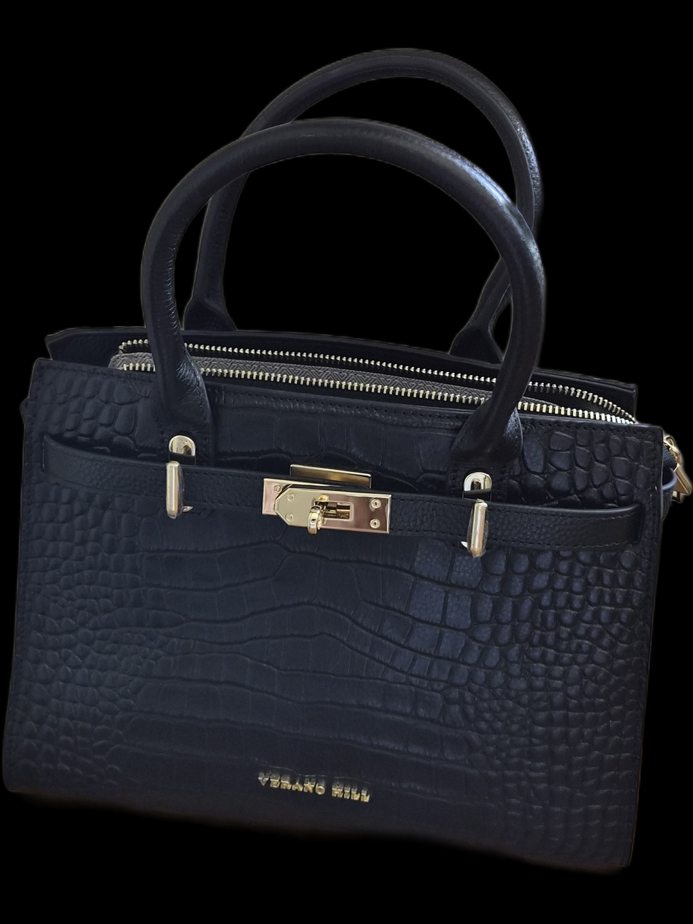 New Verano Hill Black Croc-Embossed Satchel with Gold Hardware